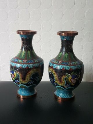 Pair Antique Chinese Dragon Cloisonne Vase 17cm