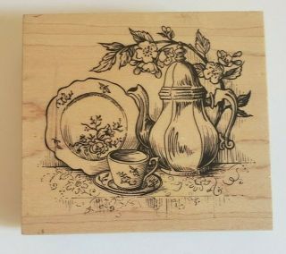 Rubber Stamp Psx K - 2883 Teapot,  Teacup,  China Plate Floral Rare Htf 1999