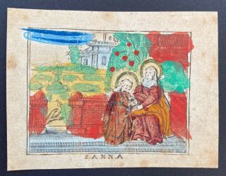 Engraving Antique 18th Century Holy Card Hand Paint On Paper St Anna
