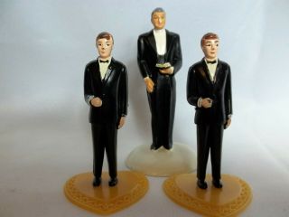 Set/3 1960’s Vintage Gay Wedding Cake Topper - 2 Grooms & Minister In Black