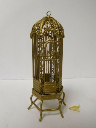 Vintage Miniature Dollhouse Gold Brass Tone Metal Wire Bird Cage On Stand