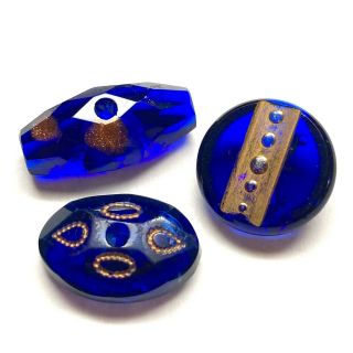 Antique Buttons Trio Of Fabulous Cobalt Blue Glass W Goldstone And Luster