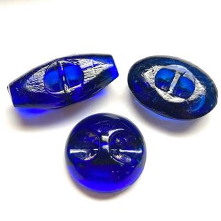 Antique Buttons Trio of Fabulous Cobalt Blue Glass w Goldstone and Luster 2