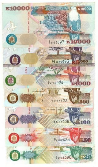 Zambia Full Set: 20 50 100 500 1000 5000 10000 Kwacha Rare (1992 - 2009) Xf - Aunc