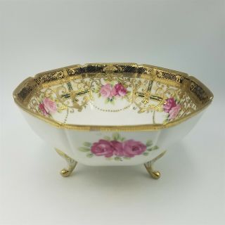 Antique Nippon Footed Bowl Hand Painted Roses & Gilt Beading