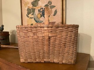 Antique Primitive Oak Splint Gathering Market Basket Bent Wood Handle