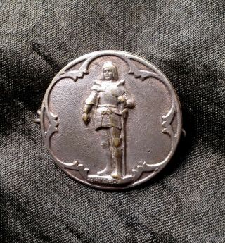 Rare Antique Joan Of Arc Silver Plated French Art Nouveau Medal Button Brooch