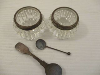 Vintage Two Silver Rimmed Salt Pots With Spoons Cut Glass