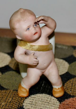 Rare Antique Toothpick Holder Gebruder Heubach Bisque Action Baby Figurine