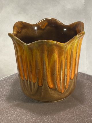 Rare Vintage Usa Pottery 1064 Orange,  Yellow And Brown Drip Glaze Flower Pot