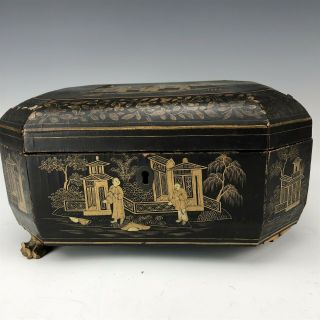 Antique Chinese Export Gilt Lacquer Painted Figural Floral Footed Sewing Box Jqf