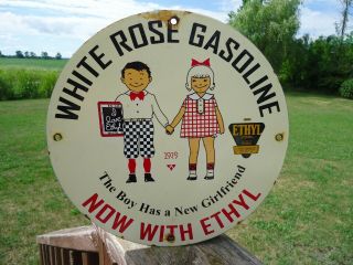 Old 1929 Rare Vintage White Rose Gasoline W/ Ethyl Porcelain Gas Station Sign