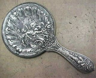 Antique Victorian Silver Plate Hand Mirror Cherubs