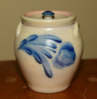 7 " Wisconsin Pottery Salt Glaze Stoneware Crock M.  E.  L.  W/ Lid Blue Design 1991