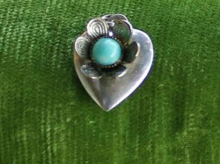Rare Vintage Sterling Silver Puffy Heart Charm With Turquoise Bead Inside Flower