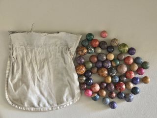 55 Antique Painted Clay Marbles And Marble Bag (circa 1890 