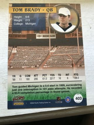 HOT AND RARE 2000 Pacific Tom Brady England Patriots 403 Football Card 2