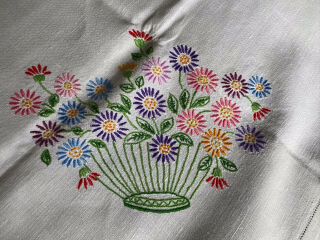 Vintage Floral Hand Embroidered White Irish Linen Large Square Tablecloth
