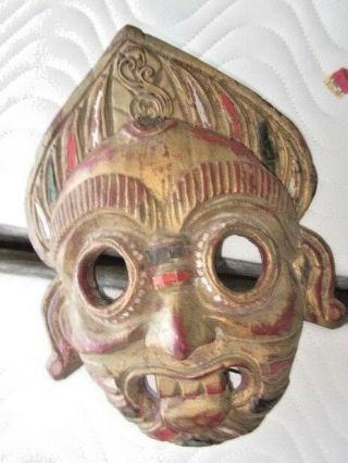 Thailand Vintage Hand Carved And Painted Tribal Wooden Mask With Encrusted Glass
