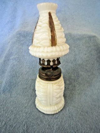 Miniature Antique Milk Glass Oil Or Kerosene Lamp With Matching Shade