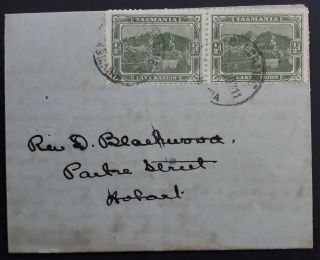 Rare1911 Tasmania Australia Pr 1/2d Green Pict Stamps On Folded Letter Deloraine