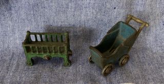 Antique Cast Iron Kilgore Dollhouse Green Baby Crib Wheels & Blue Baby Stroller