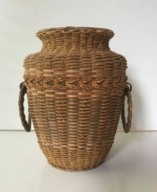 Antique Mohawk Basket,  Woven Over Glass Vase,  Plaited Split Ash And Twine