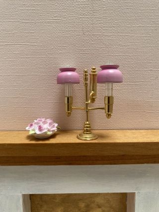 Dollhouse Miniature Vintage Handmade Porcelin Flower Bowl & Brass Lamp 1:12