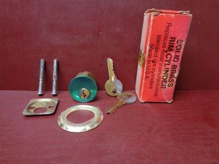 Vintage Solid Brass Nos Rim Cylinder Lock With 2 Keys