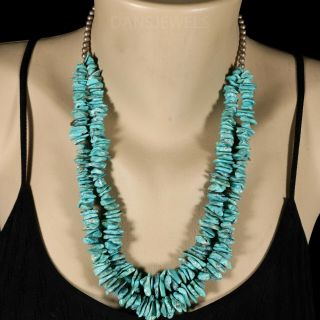 Vintage Navajo Santo Domingo Rare Sterling 2 Strand Turquoise 22 " Necklace