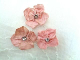 Three Tiny Victorian Pink Silk Flowers With Tiny Rhinestones