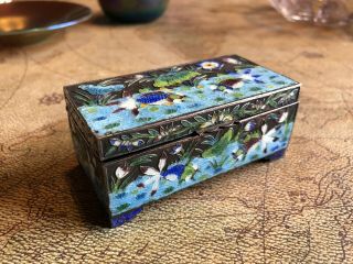 Antique Chinese Enameled Silver Plated Dual Trinket Stamp Box Koi Fish