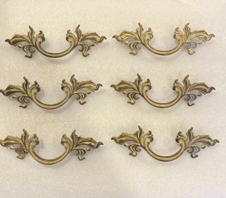 6 Vintage French Provincial White Washed Gold Brass Shabby Drawer Pulls Handles