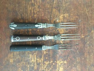 Antique Civil War Era Bone Handle Fork Set With Pewter Inlay Old Flatware Bovine