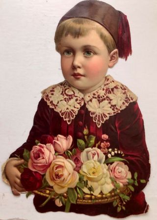 Antique Vintage Victorian Young Boy Holding Roses Lace Collar Hat Die Cut Scrap
