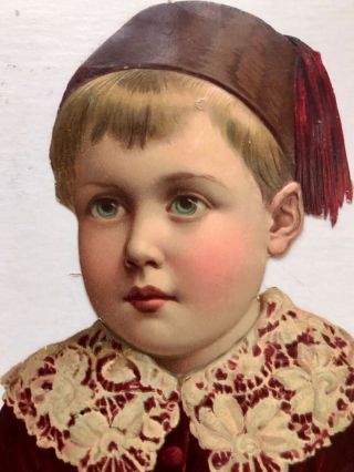 Antique Vintage Victorian Young Boy Holding Roses Lace Collar Hat Die Cut Scrap 2