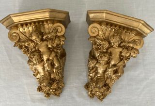 Vintage Pair Ornate Gold Painted Cherub Angel Wall Sconce Heavy 3lbs Each