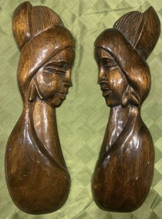 Vintage Mid Century Carved Wood Wall Art Hanging Two Heads Tiki