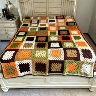Vintage Granny Square Handmade Crochet Afghan Blanket 95 X 61 Brown Green Orange