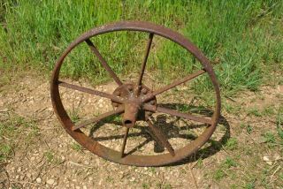 Rare Cast Iron Hub Steel Wheelbarrow Yard Art Garden Cart Wheel