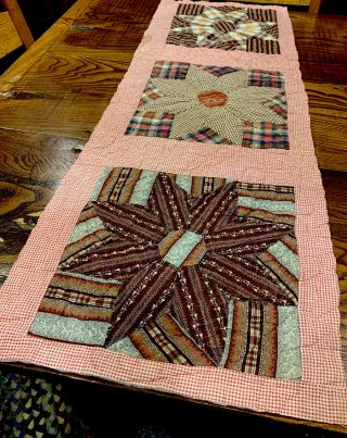 Early 43 In Runner Size Early Quilt Piece Brown Red Calico Primitive Textiles