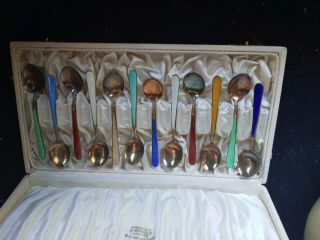 Rare David Andersen Sterling Silver Enamel Guilloche 12 Spoon Set Orig Box Vtg.