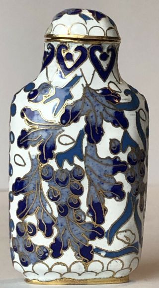 Chinese Cloisonné On Brass 2 7/8” Snuff Bottle,  Blues And Gold On White