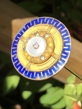 Antique Art Deco Hat Pin Cobalt Blue Enamel Gold Tone 10” Ornate