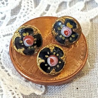 Set Of 3 Antique Mini Diminutive Enamel Gold Black Rose Doll Clothes Buttons