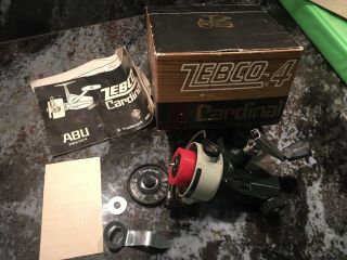 Vintage Zebco 4 Fishing Spinning Reel Antique Tackle Box Bait Rod Bass Musky