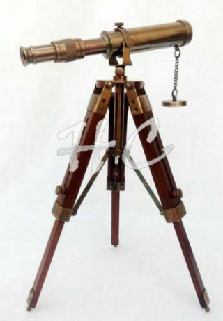 Nautical Antique Brass Telescope With Wooden Tripod Stand Collectible Desk Decor