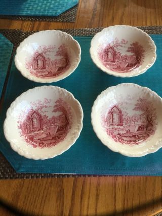 Rare Antique English Abbey China Red Transfer Print Round 4 Berry Bowls