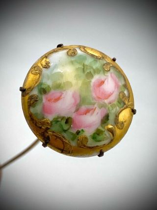 Antique Hatpin Sweet Pink Hand - Painted Roses On Enamel.  Gold Accents.  Collectible