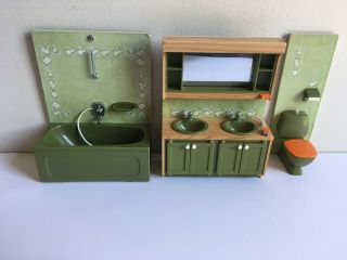 Vtg Lundby Doll House 3 Piece Electrified Avocado Green Bathroom Set 1978 Vgc